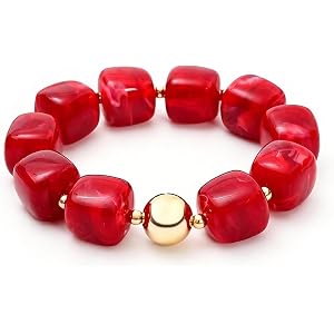 Aurethys Beaded Bracelets for Women Chunky Cube Marble Pattern Acrylic Stretch Bracelet with Gold Bead Accent Boho Vintage St