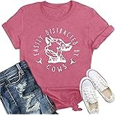 IFQ Cow Shirt for Women Easily Distracted by Cows T-Shirt Casual Country Farm Life Tee