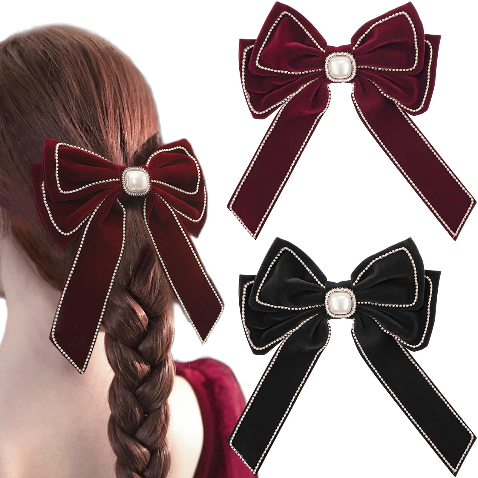 Photo 1 of 2 Pcs Large Velvet Bow Hair Clips Pearl Rhinestone Hair Barrettes French Bowknot Hair Styling Accessories for Women Girls Halloween Christmas Party