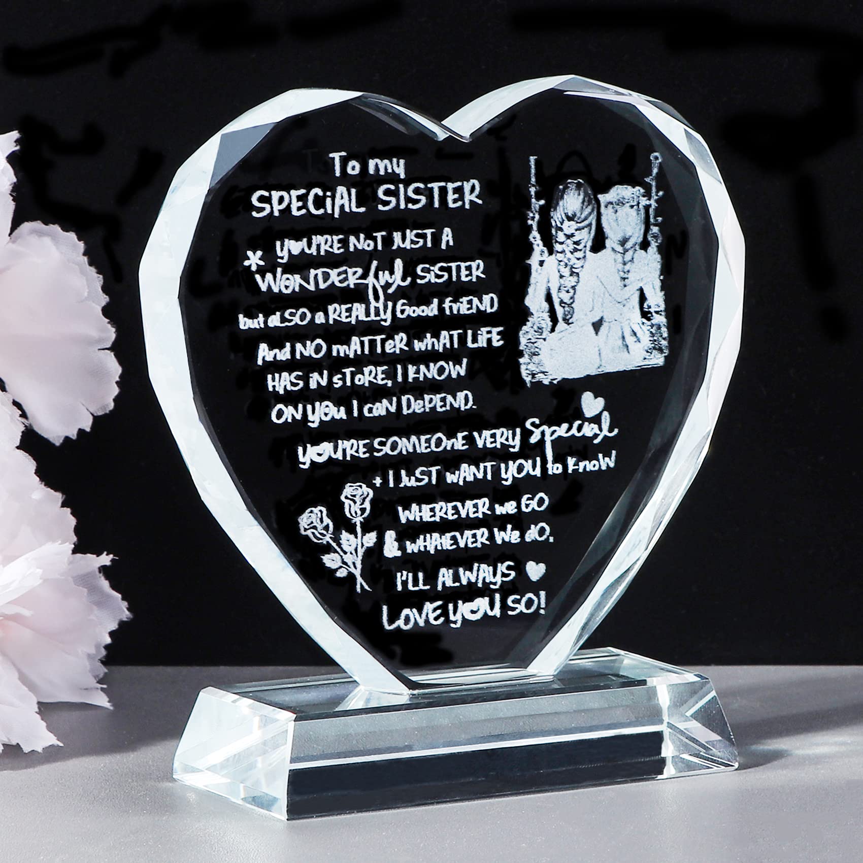 Movdyka Glass Gifts for Sister from Sister on Her Birthday, Heart-shaped Plaque Keepsake with I Love You Sayings
