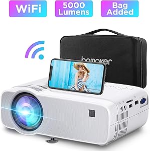 WiFi Mini Projector, BOMAKER 5000Lux Portable Outdoor Movie Projector, Wireless Screen Mirroring and Miracast,1080P Supported, 250'' Display, Compatible with TV Stick, PS4, PCs, iOS, Android, Windows