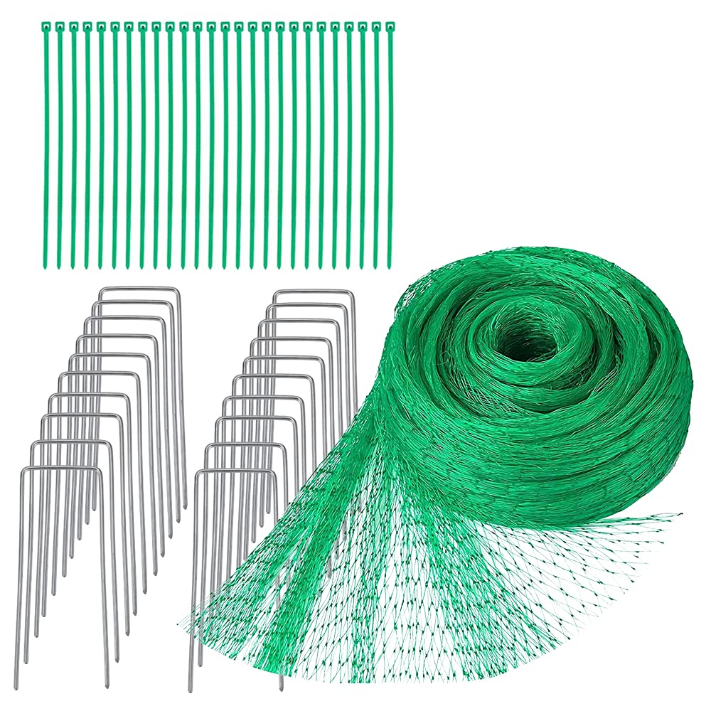 44pcs Garden Netting Kit - 4m x 10m Green Gardening Fence Pond Pea Grass Seed Mesh Netting Frame Bird Protection with Securing Pegs