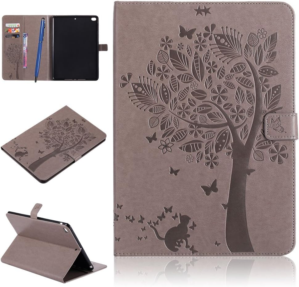 iPad Air 2 Case,Careynoce PU Leather Magnetic Flip Wallet Protective Case Cover for Apple iPad Air 2 iPad 6 (9.7") + Screen Protector and Stylus Pen - Tree and Cat(Gray)