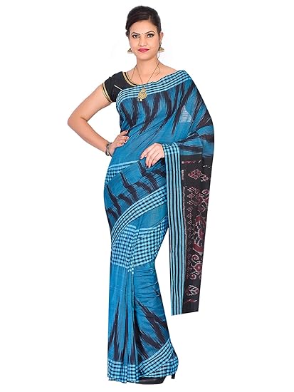ODISHA HANDLOOM Womens Sambalpuri Cotton Saree With Blouse Piece (OHAUG2019-184_Blue)