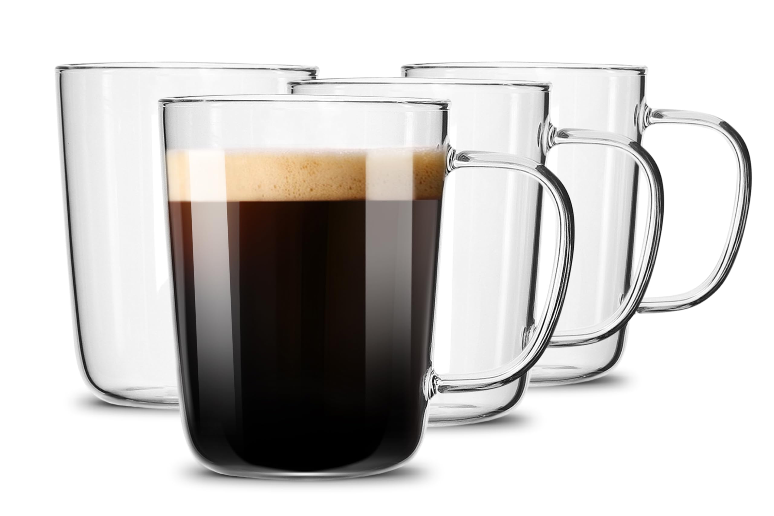 LUXU Glass Coffee Mugs(Set of 4)-480 ml,Clear Beer Mugs,Glass Tea Cups with Comfortable Handle,Lead-Free Drinking Glasses,Perfect for Latte,Espresso,Juice,Water,Milk or Hot and Cold Beverage