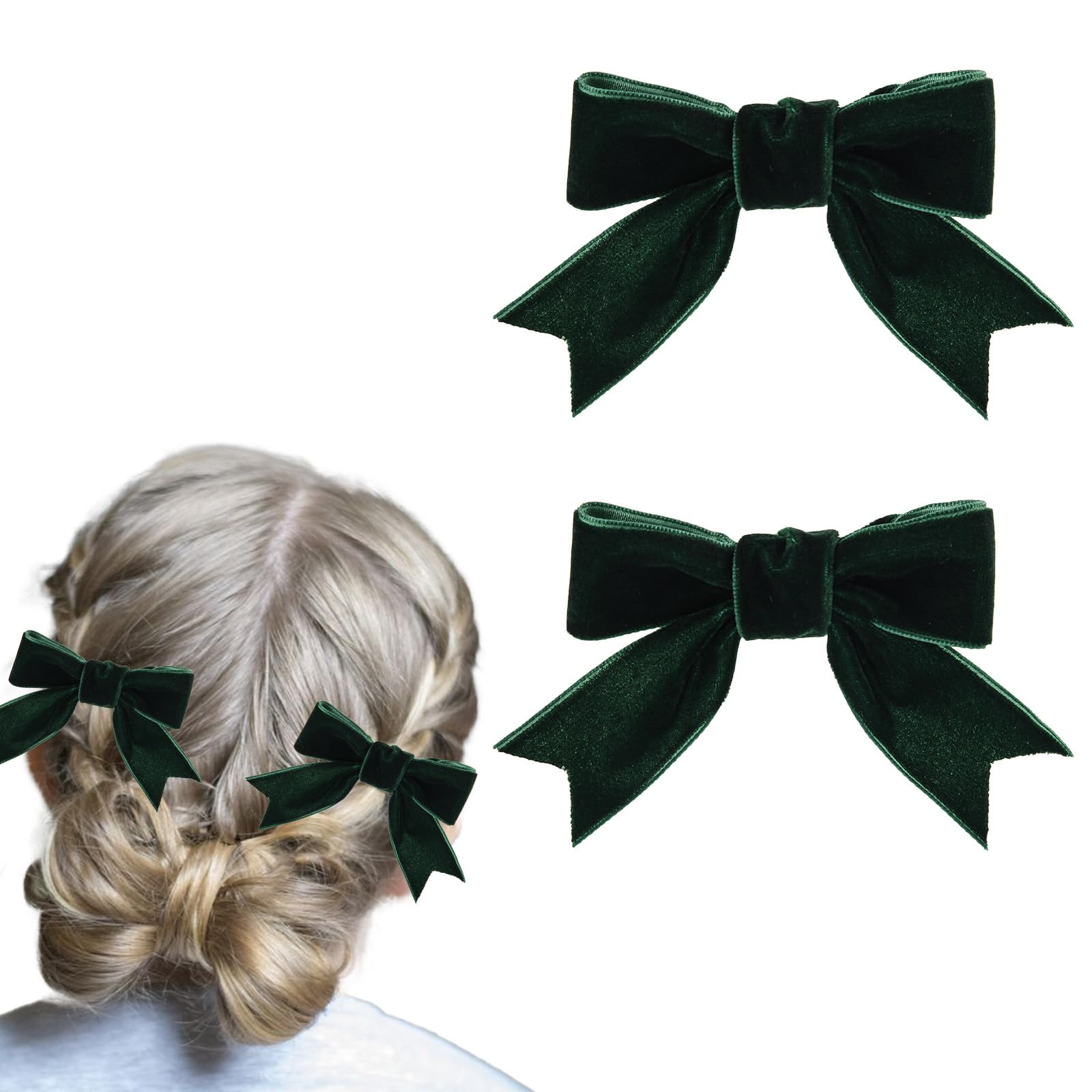 lasuroa 2pcs Velvet Hair Bows Clip, 3.15in Bowknot Hair Barrette Alligator Bows Knot Hair Clips Handmade Vintage Hairpins Hair Accessory for Women Girls Gifts(Dark Green)