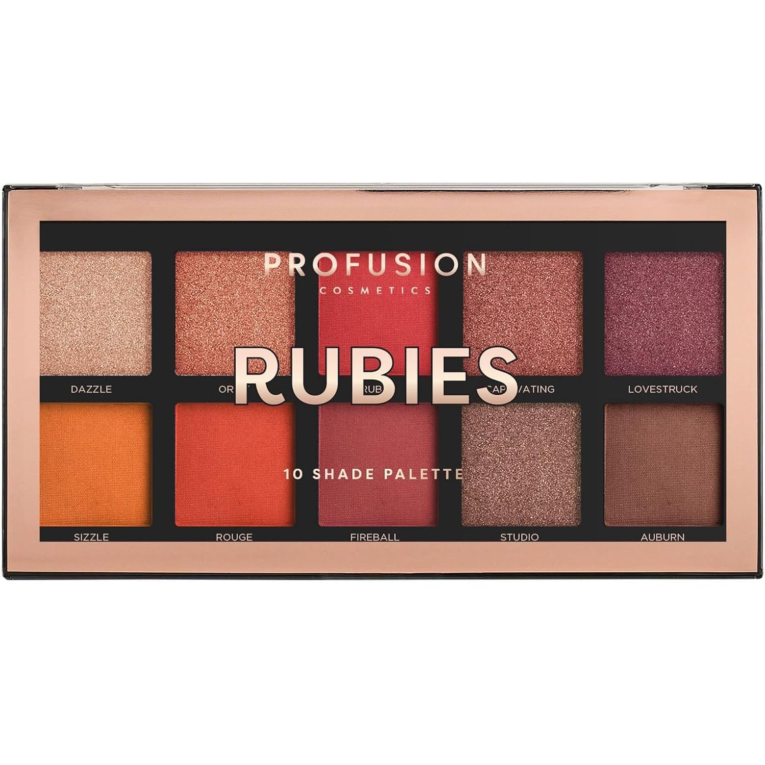 Profusion Cosmetics Rubies 10 Shade Eyeshadow Palette (blendable multi-finish corals and reds to crimson hues)