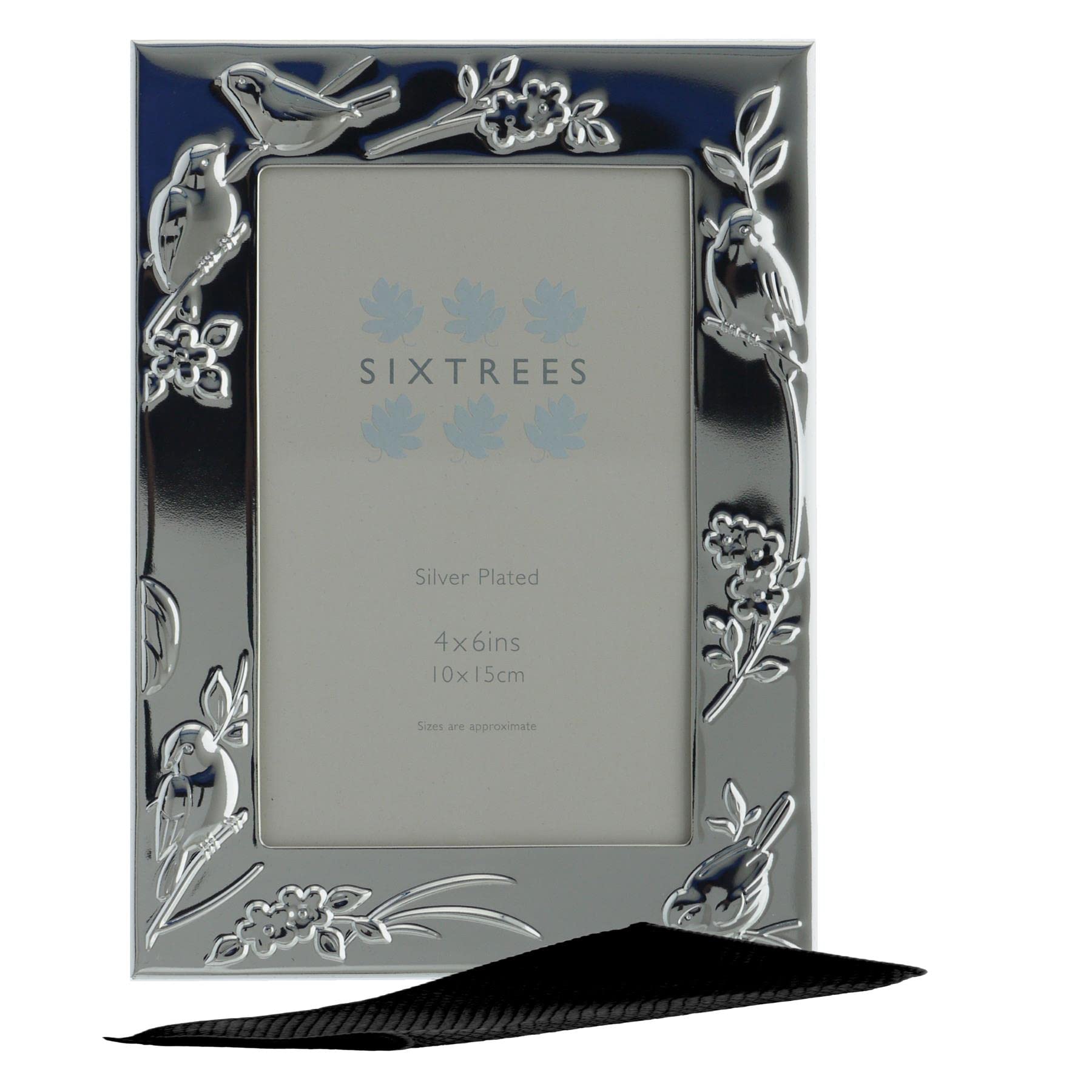 Sixtrees Higgins 6-339-46 Embossed Silver Plated 4 x 6 inch Photo Frame featuring birds. Complete with Microfibre Polishing Cloth. — image 1