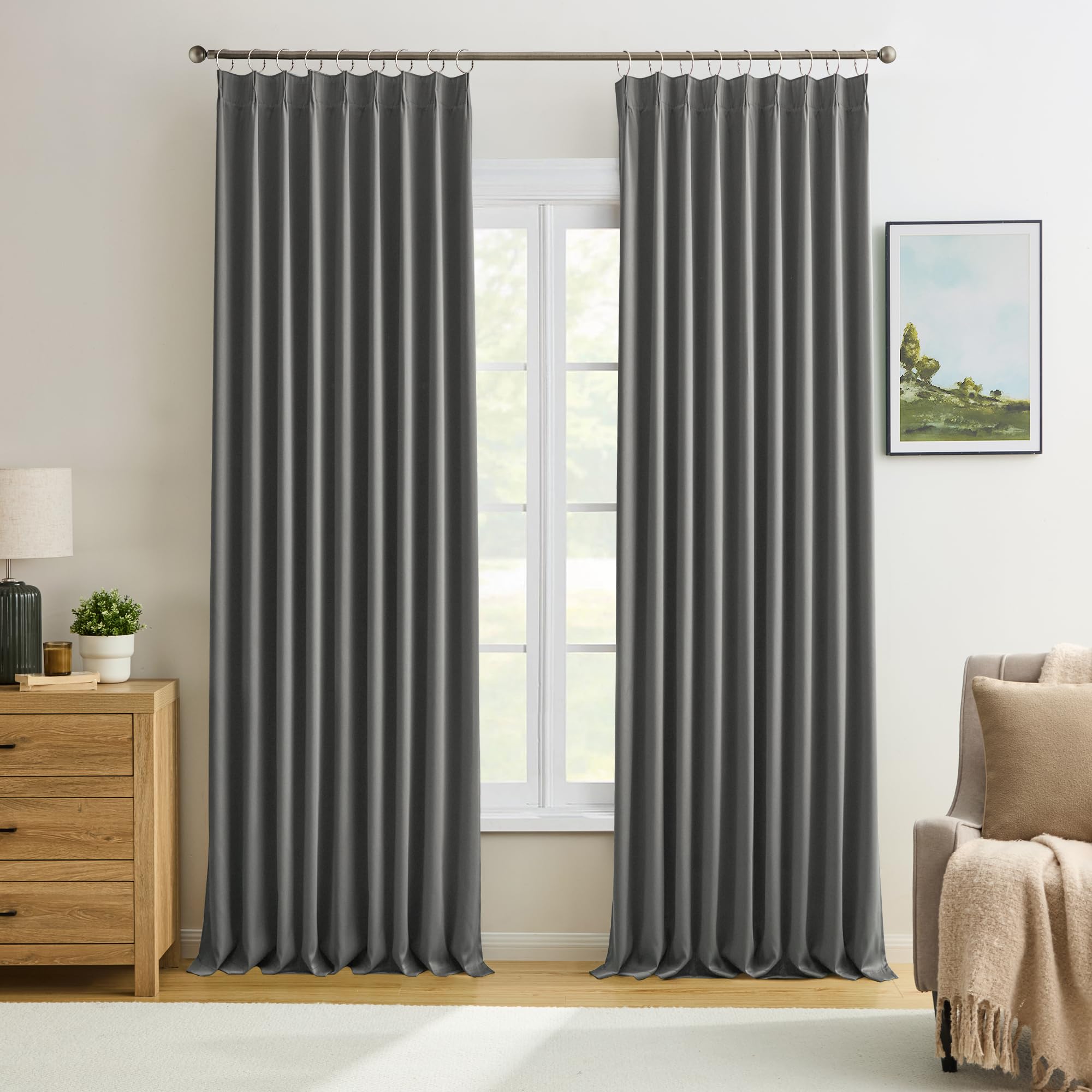 Photo 1 of Grey Blackout Curtains 95 Inches Long 2 Panels Set, 60 Inch Wide Pinch Pleated Curtain with Hooks,Thermal Insulated Room Darkening Vertical Window Treatments for Living Room Bedroom 60 x 95