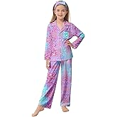 CARETOO Girls Pajamas Satin Long Sleeve Long Pants with Headband Pajama Set Kids Cute Button down Sleepwear 4-12Y