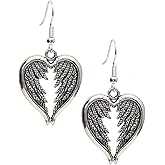 Guardian Angel Wings Heart Charm Earrings, Handmade Antique Silver Remembrance Dangle Jewelry