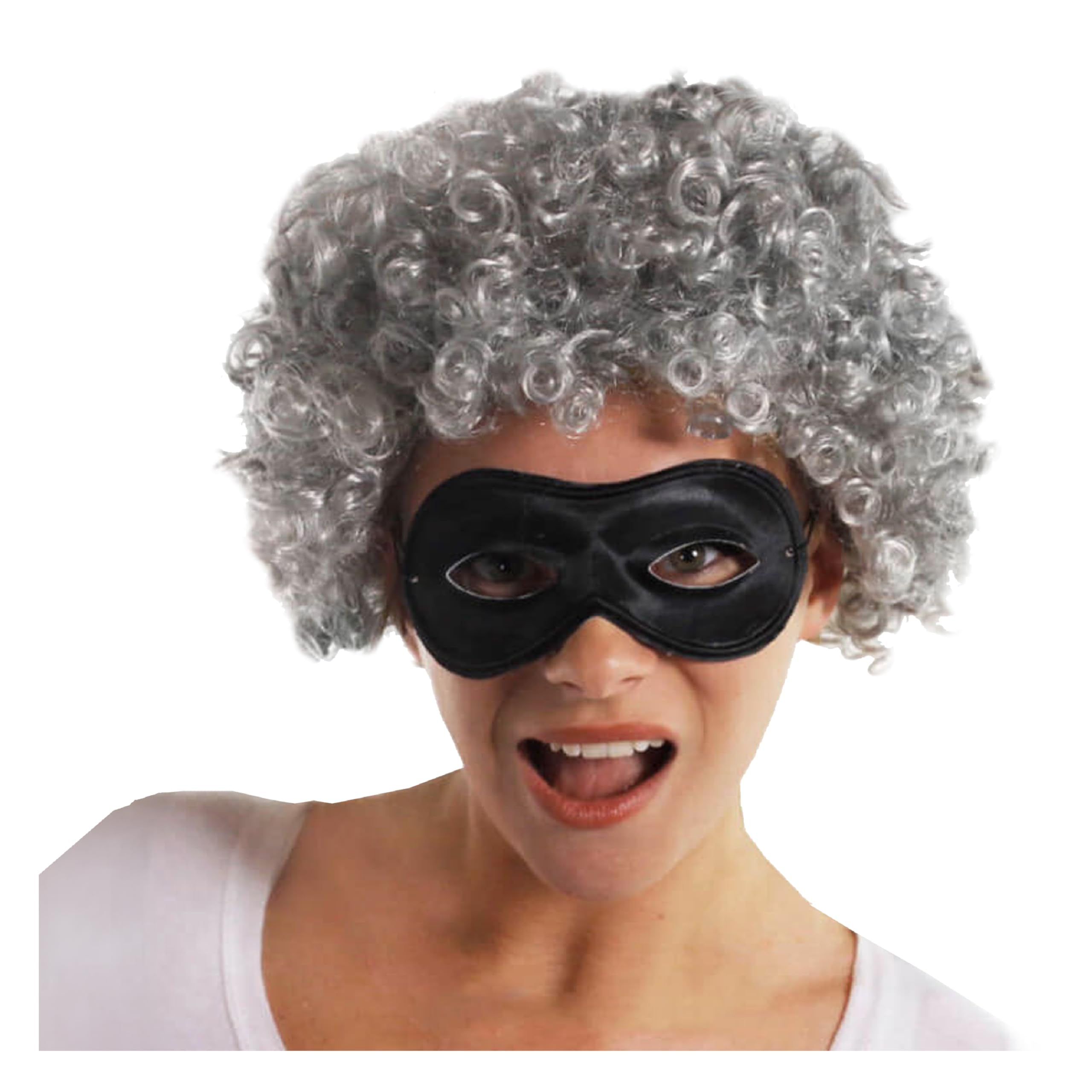 Ladies Granny Burglar Costume - Curly Grey Wig and Black Eye Mask - Adults School Book Week World Book Day Fancy Dress Costume