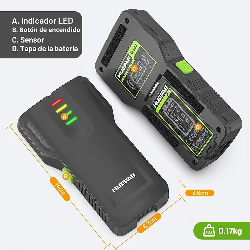 Detetor de madeira e tubos, com luz indicadora LCD em quatro níveis e campainha