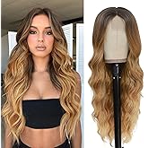 NAYOO Long Honey Blonde Wavy Wig for Women 26 Inch Middle Part Curly Wavy Wig Natural Looking Synthetic Heat Resistant Fiber for Daily Party Use