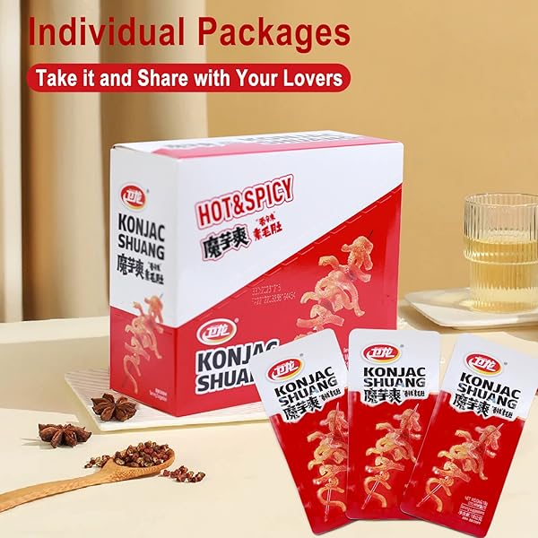WEILONG KONJAC SNACK, SPICY HOT STRIPS, SPICY SNACKS LATIAO LA TIAO, CHINESE SNACKS MOYUSHUANG, SPICY FLAVOR, 卫龙辣条，魔芋爽(香辣), 18G*20 BAGS, PACK OF 1