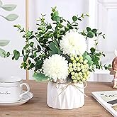 LADADA Artificial Flower Hydrangea and Small CeramicVase Fake Plant Eucalyptus Leaf Berry Flower Arrangement for Home Decoration (White)