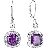 Inpasne Women Leverback Earrings 925 Sterling Silver Princess Cut Halo Earrings Birthstone Dangle Drop Earrings for Women Her Mom Wife