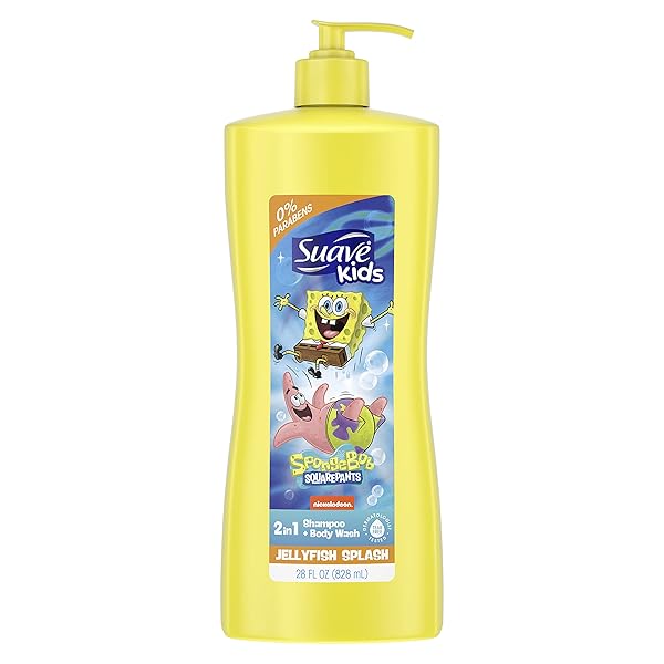 SUAVE KIDS 3 IN1 SHAMPOO & BODY WASH FOR KIDS NICKELODEON SPONGEBOB DERMATOLOGIST-TESTED AND TEAR-FREE, STRAWBERRY, YELLOW, 28 FL OZ