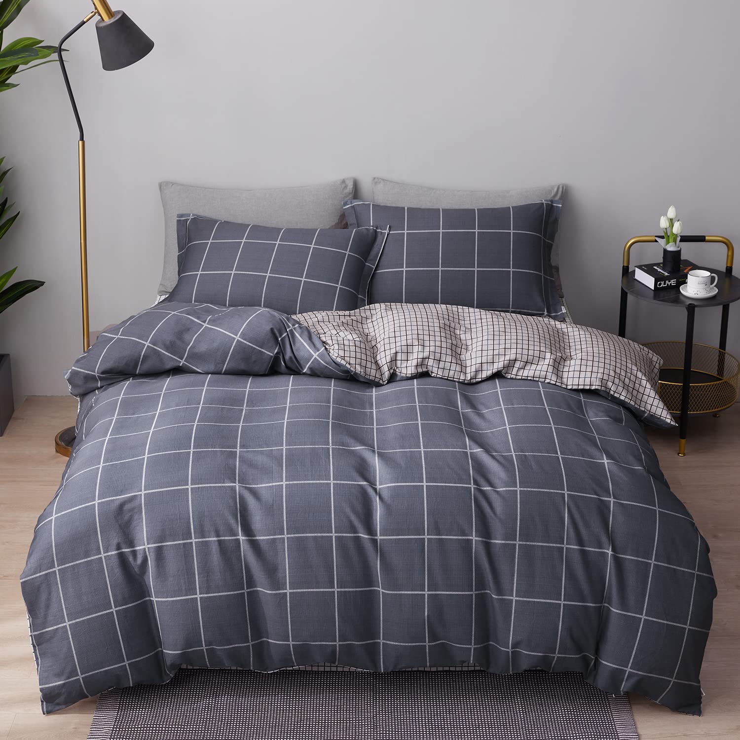 SAPHREAS Gray Plaid Duvet Cover Set 100% Cotton Comforter Cover Set 1 Duvet Cover 2 Pillow Shams Double Size — image 1