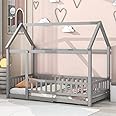 LLS Twin Floor Bed Frame with Roof, Wooden Montessori Bed with Fence, House Bed for Boys Girls Bedroom, Gray