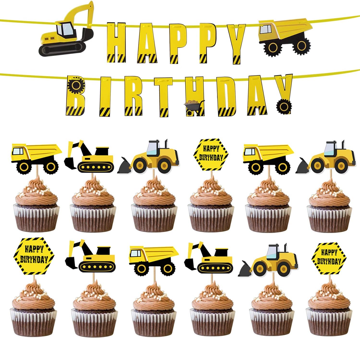 Construction Birthday Banner Cupcake Toppers Construction Birthday Party Supplies Boys Truck Excavator Party Decorations