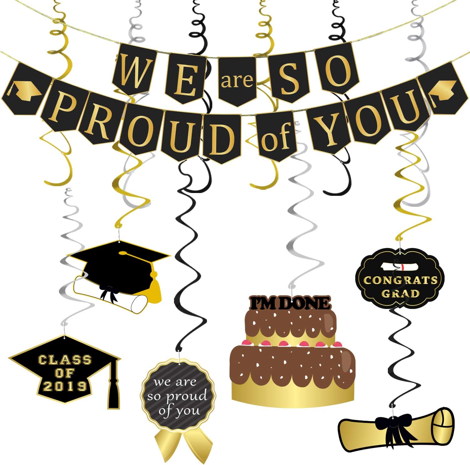 We Are So Proud of You Banner Decoration Set - Assembled, Black and Gold | Graduation Hanging Decorations | Graduations Party Supplies 2020 | Graduation Decorations for High School College Grad Party Decor, Large
