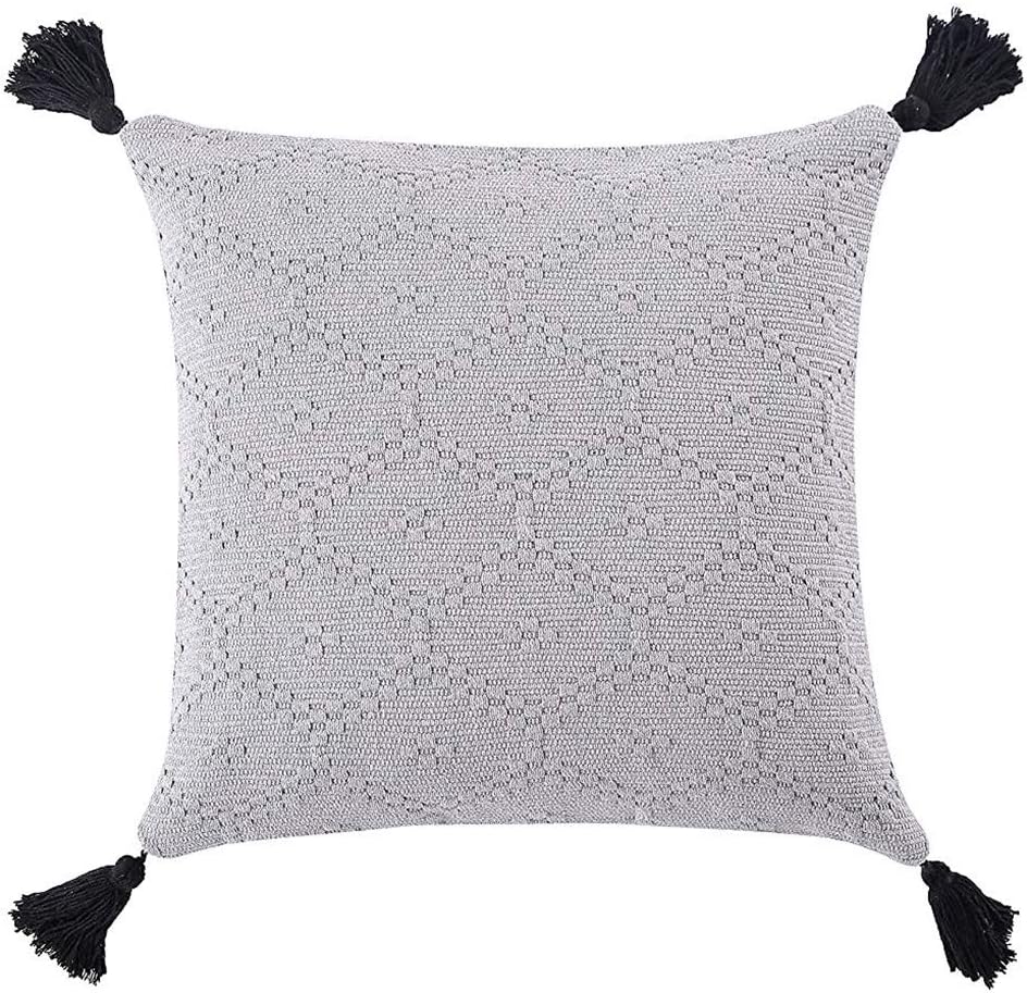 blue page Geometric Woven Boho Decorative Throw Pillow Covers - Cotton Square Cushion Cover with Tassels, Solid Pillow Case ONLY for Couch Sofa Bedroom Living Room (Grey, 20x20 Inches)