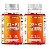 Vitamatic Vitamin D3 & K2 Gummies (2-Pack, 60 Count) Supports Healthy Bones, Heart Health, Calcium Absorption, and Immune Function Plant-Based, Non-GMO, Gluten-Free
