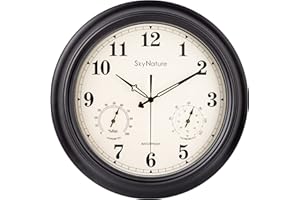SKYNATURE Outdoor Clocks Waterproof, Large Outdoor Clock for Patio with Thermometer, 18 Inch Silent Battery Operated Decorative Vintage Wall Clocks for Living Room, Kitchen - Black