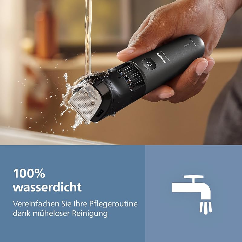 Bartschneider 7000er-Serie – selbstschärfende Metallklingen, 40 Längeneinstellungen, BeardSense-Technologie, Haarkollektor, 100% wasserdicht, Ladestation, Aufbewahrungsetui, Modell BT7660/15