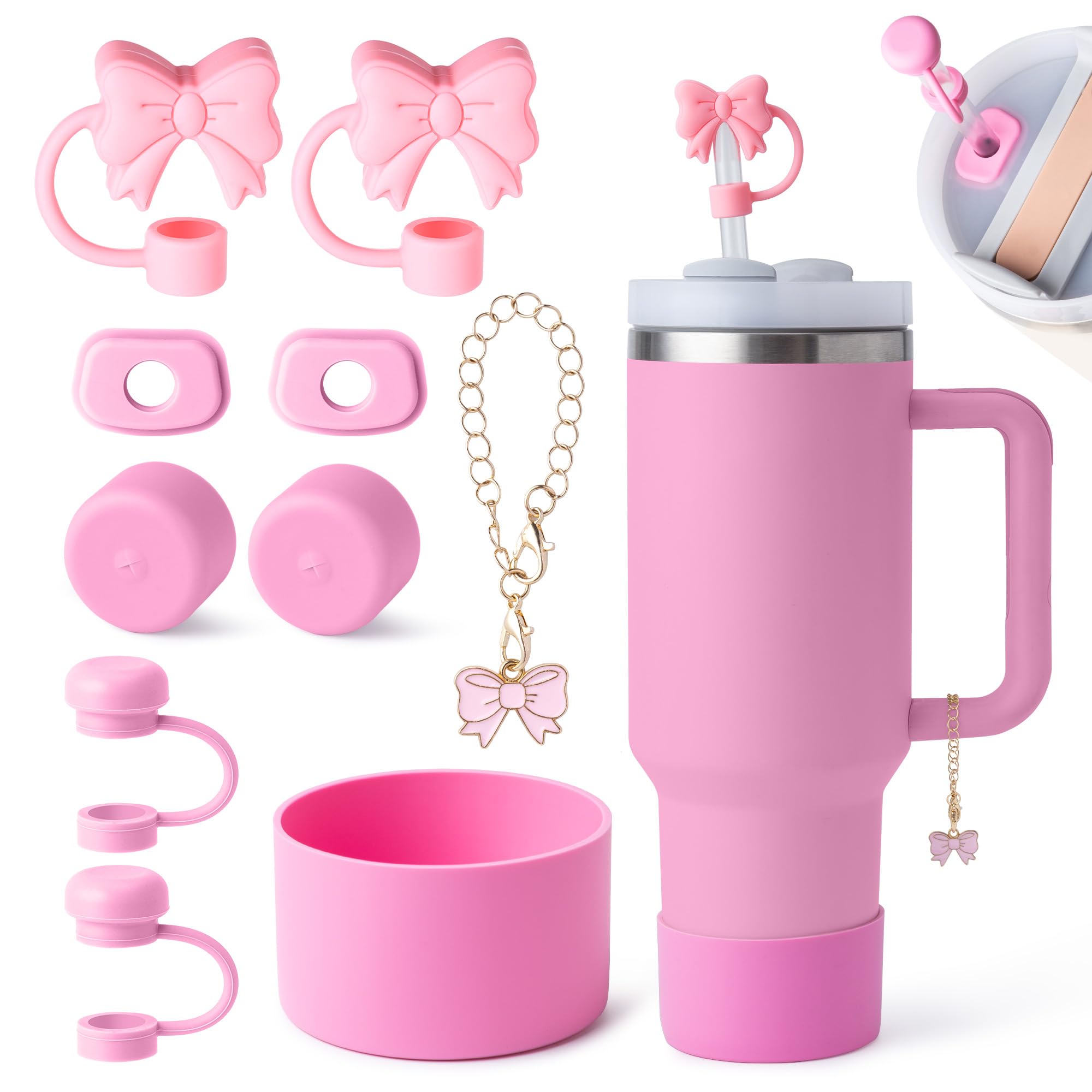 Photo 1 of 10PCS Stanley Cup Accessories Set, Stanley Accessories Include 2PCS Bow Straw Covers, 1 Cute Bow Handle Charm, 2 Set of 3 Silicone Spill-Proof Stoppers, 1 Silicone Boot Fits Stanleys Cup 40&30Oz