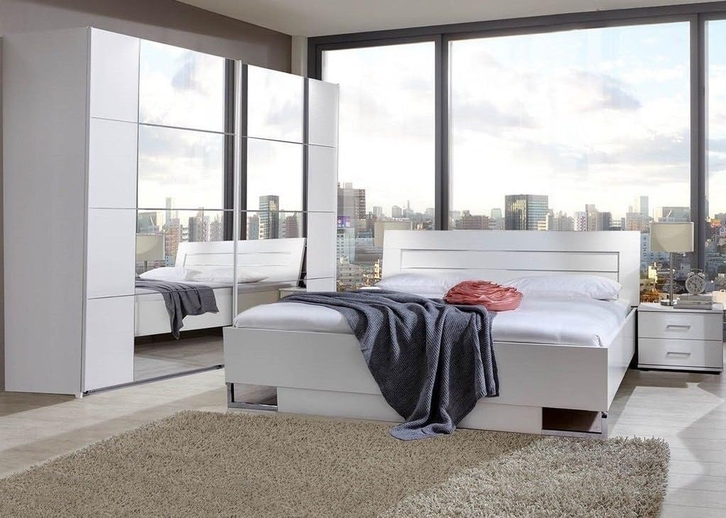 Germanica™ DIRANO Bedroom Furniture Set with 270cm Sliding 2 Door Wardrobe, Kingsize Bed & 2x Bedside Cabinets in WHITE Colour [Includes Full Assembly Service] MADE IN GERMANY
