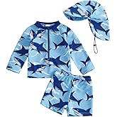Baby Boy Long Sleeve Swimsuit Rash Guard and Trunk Set Bathing Suit with Hat Toddler Boys Beach Swimwear Sunsuit