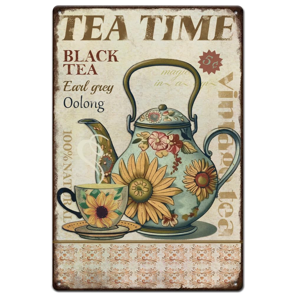 SUPERDANT Tea Time Metal Signs Teapot Teacup Tin Signs Man Cave Metal Sign Kitchen Wall Plaques Vintage Decor for Kitchen Restaurants Pubs Coffee Bar Decoration Housewarming Gifts