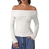 QINSEN Cotton Off The Shoulder Sweater for Women Long Sleeve Ribbed Knit Pullover Sweater Slim Fit Going Out Tops