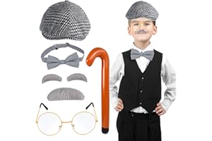 Yewong Kids Old Man Costume Grandpa Accessories Beret Hat Mustache Eyebrows Inflatable Cane Glasses Bowite Set