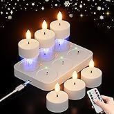 Rechargeable Flameless Tea Lights Candles with Charging Station 6Pcs Battery Tea Lights Candles with Remote & Timer LED Tealight Flickering Realistic for Home Christmas Wedding Decor - White