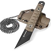 SPITZKANTE 5.79" Mini Neck Knife, Kiridashi Style Full Tang Fixed Blade EDC Knife with Khaki ABS Handle, 5Cr14MoV Steel, Sheath and Necklace, Outdoor Camping Hiking Fishing Survival Everyday Carry