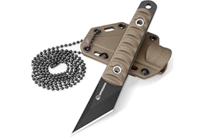 SPITZKANTE 5.79" Mini Neck Knife, Kiridashi Style Full Tang Fixed Blade EDC Knife with Khaki ABS Handle, 5Cr14MoV Steel, Sheath and Necklace, Outdoor Camping Hiking Fishing Survival Everyday Carry