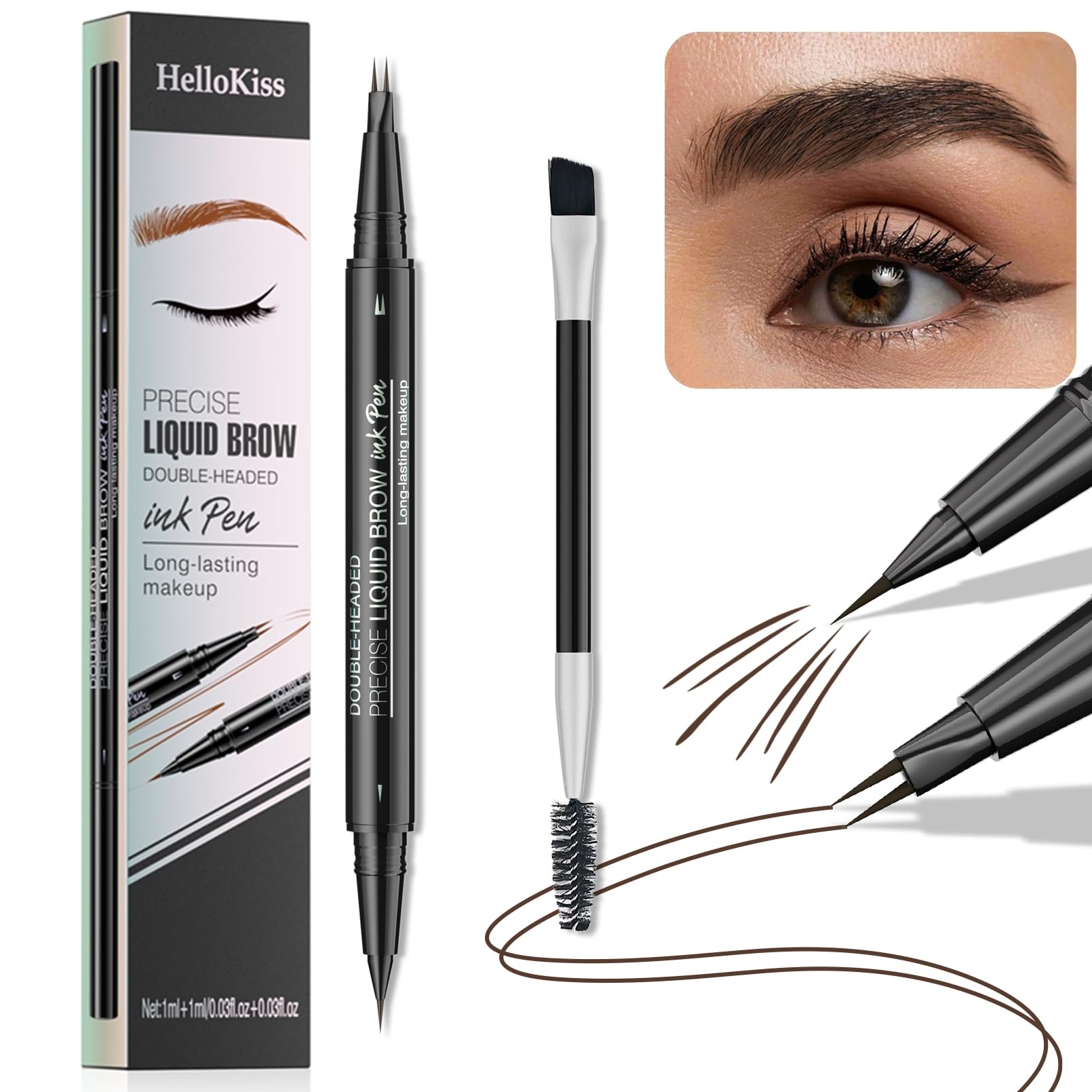 Liquid Eyebrow Pen - New Double Headed 2 Tip Eyebrow Pen with Brow Brush, Eyebrow Contouring Pen for Natural Looking Defined Eyebrows (# 03)