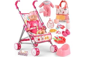 YIYBM Baby Doll with Stroller Set with 12.5" Baby Dolls, Handbag, 2 Sets Doll Clothes and 16 PCS Doll Accessories. Baby Stroller Toys for Toddler Girls Kids Ages 3-5 4-6 for Pretend Play.