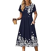 Zeagoo Women Summer Short Sleeve Midi Dress with Pockets Casual Aline Flowy Tshirt Dress Floral Vocation Beach Sundress