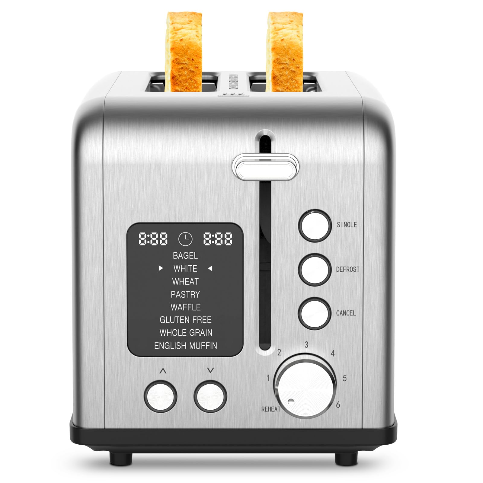 Photo 1 of 2-Slice Bagel Toaster Stainless Steel with Screen- Single Slice Function for Single-Sided Stuffed Bagel, 8 Bread Types, 6 Browning Levels, LED Countdown Timer, Defrost/Reheat/Cancel, 825W