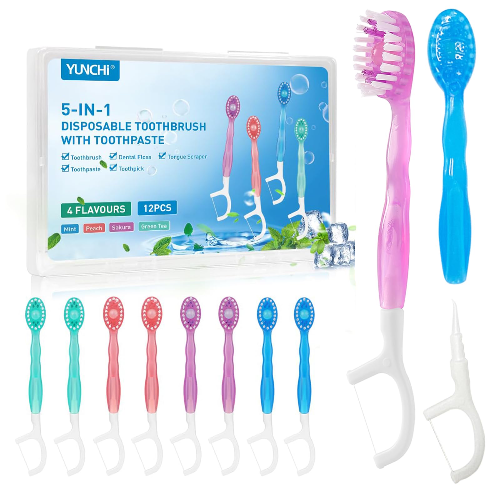 YUNCHI 12 Stück Mini Zahnbürste 5 in 1 Einmalzahnbürsten mit Zahnpasta + Pickel + Zungenschaber + Zahnseide, Reisezahnbürste Einzeln Verpackt für Camping Geschäftsreisen Kinder Erwachsene
