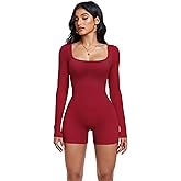 OLCHEE Womens Long Sleeve Workout Jumpsuit Square Neck Ribbed Seamless Yoga Romper Sexy Bodycon Tummy Control Unitard Onesie