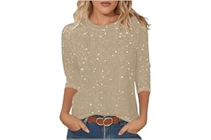 3/4 Sleeve Glitter Shirts for Women Crewneck Blouse Solid Color Elegant Sequin Tees Tops for Evening Party