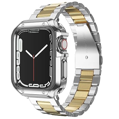 Designed for Apple Watch Band and Case, Stainless Steel Metal Chain with TPU Cover, Smart-Watch Link Bracelet Strap, Wrist-Band for i-Watch Series 9 8 7 6 5 4 3 2 1 SE, 45mm 44mm 42mm, Silver+Gold