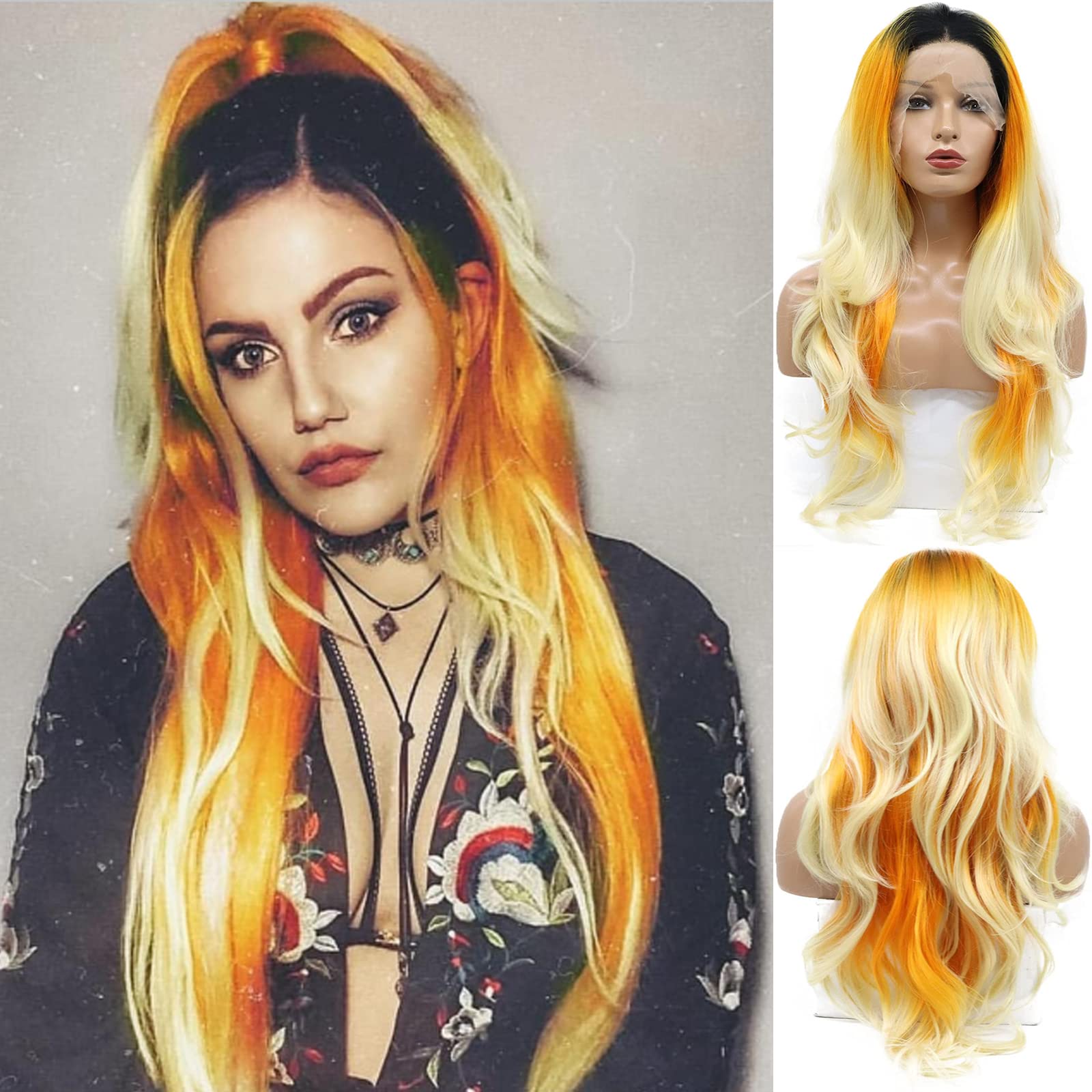 Orange Blonde Lace Front Wigs Long Wavy Synthetic Wigs for Black Women Ombre Rainbow Wigs with Baby Hair Heat Friendly Mermaid Wig Wave Party Holiday Orange Yellow Blonde 2Inches