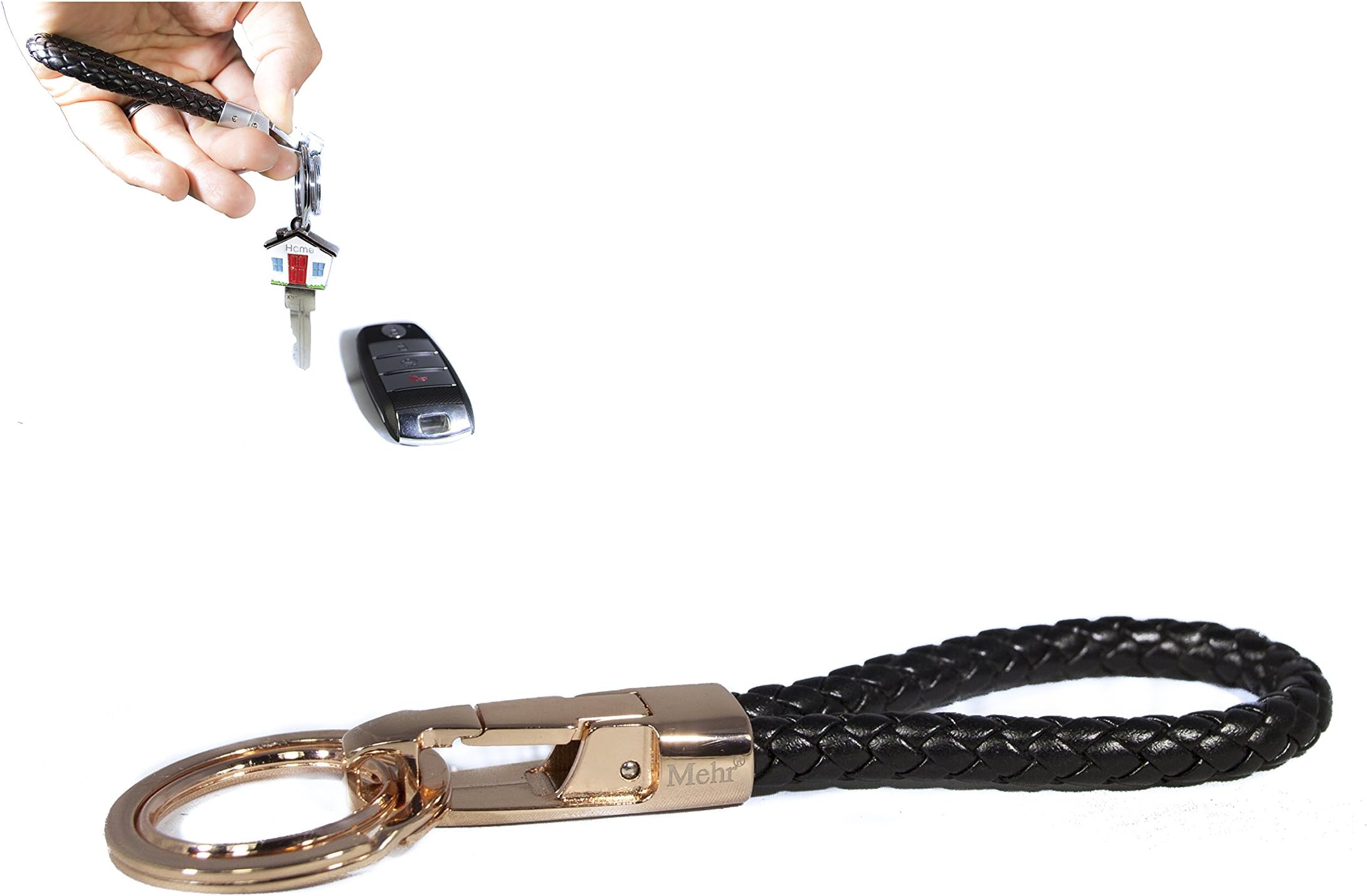 Mehr Braided Leather Valet Key Chain for BMW Mercedes Lexus Audi VW Honda Toyota - Black & Rose Gold