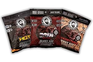 BEARDED BUTCHER BLEND SEASONING Bearded Butchers Jerky Seasoning & Natural Cure Variety 3 Pack – Hickory BBQ, Bold, and Hot Flavors – Each Makes 10 lbs of Beef, Venison, or Wild Game Jerky – Clean Label Cure with Celery & Cherry Powder